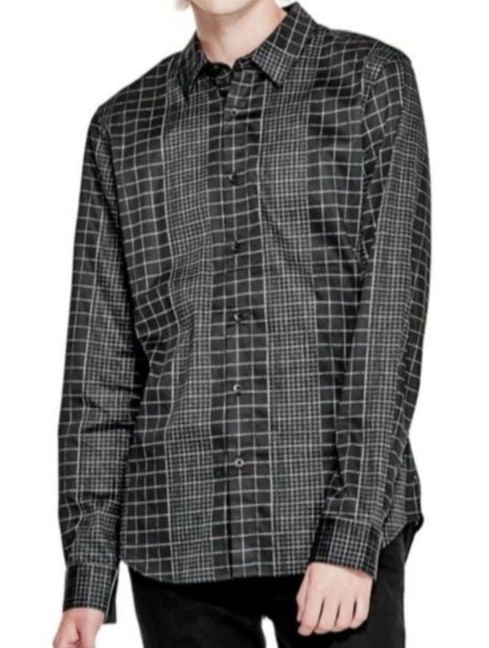 GUESS Mens XS Slim Fit Black Green Grid Print Long Sleeve Button Down Shirt
